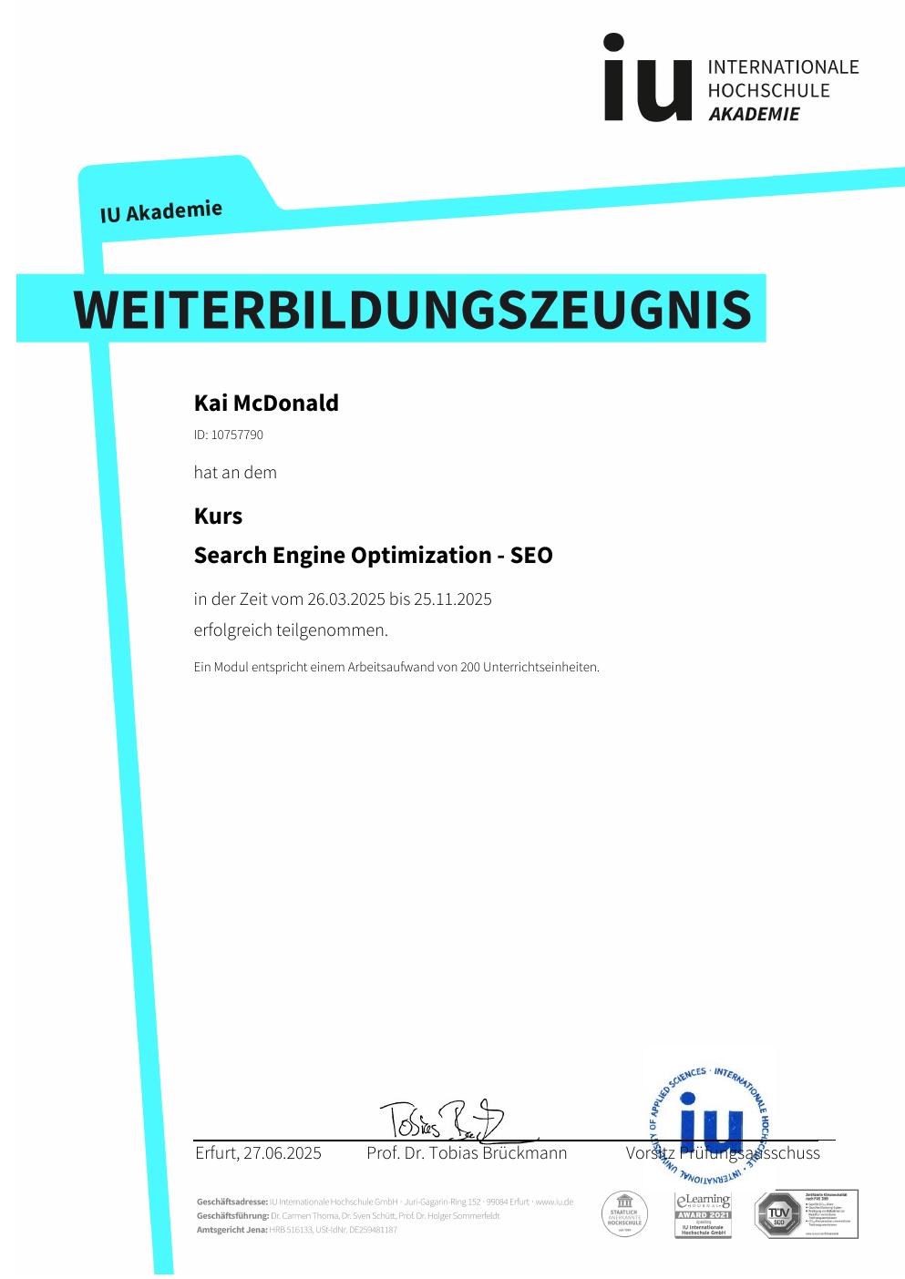 Zertifikat Suchmaschinenoptimierung (SEO) – Kai McDonald