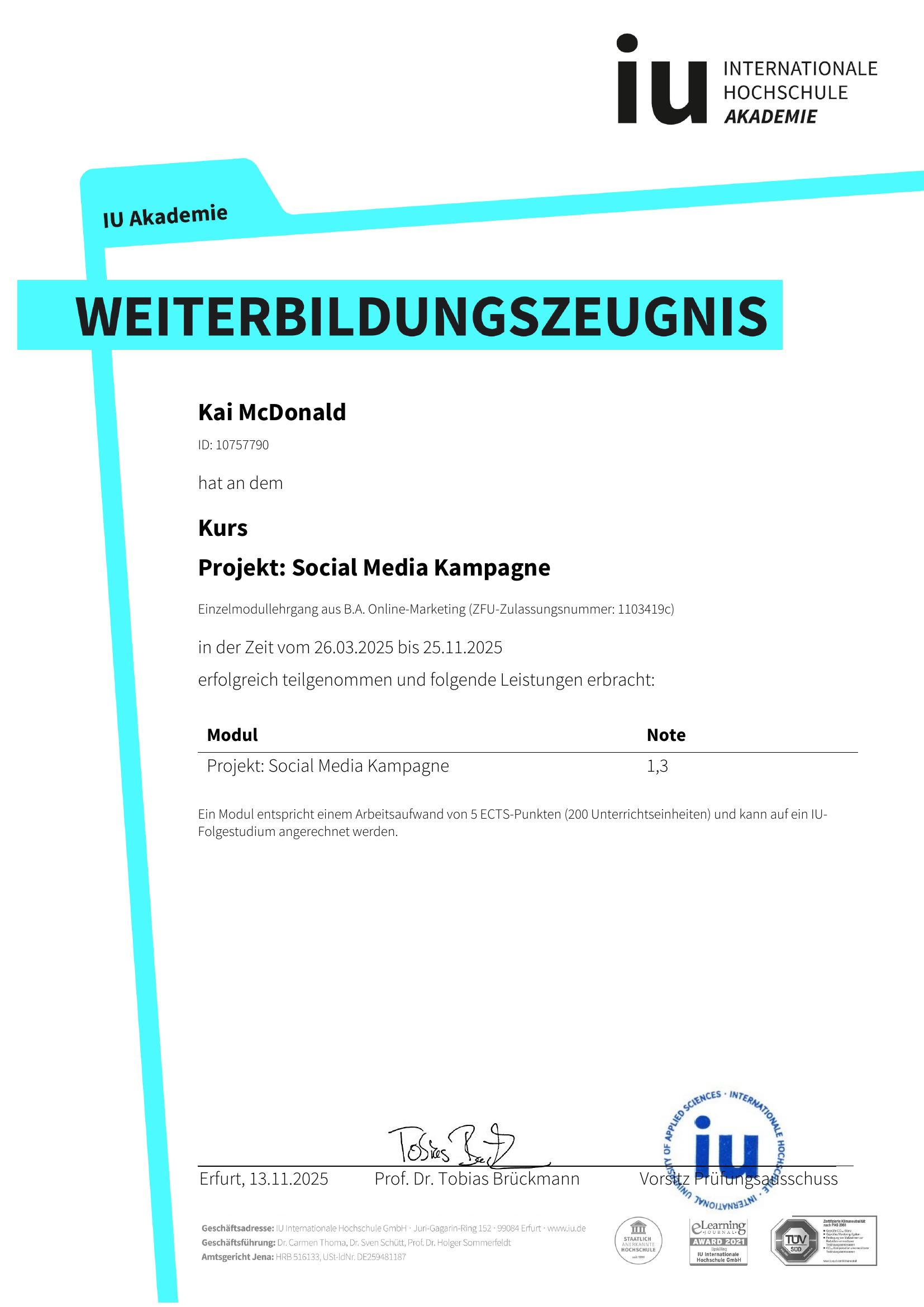 Zertifikat Social Media Kampagne & Projekt – Kai McDonald